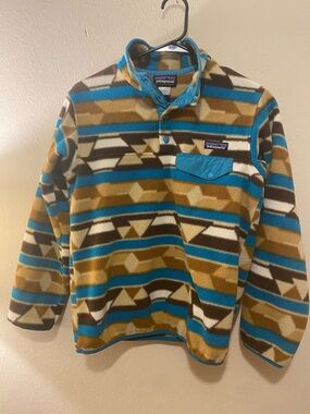 Patagonia Pullover Fleece in Turquoise and Brown Geo Stripe Women’s SzXS